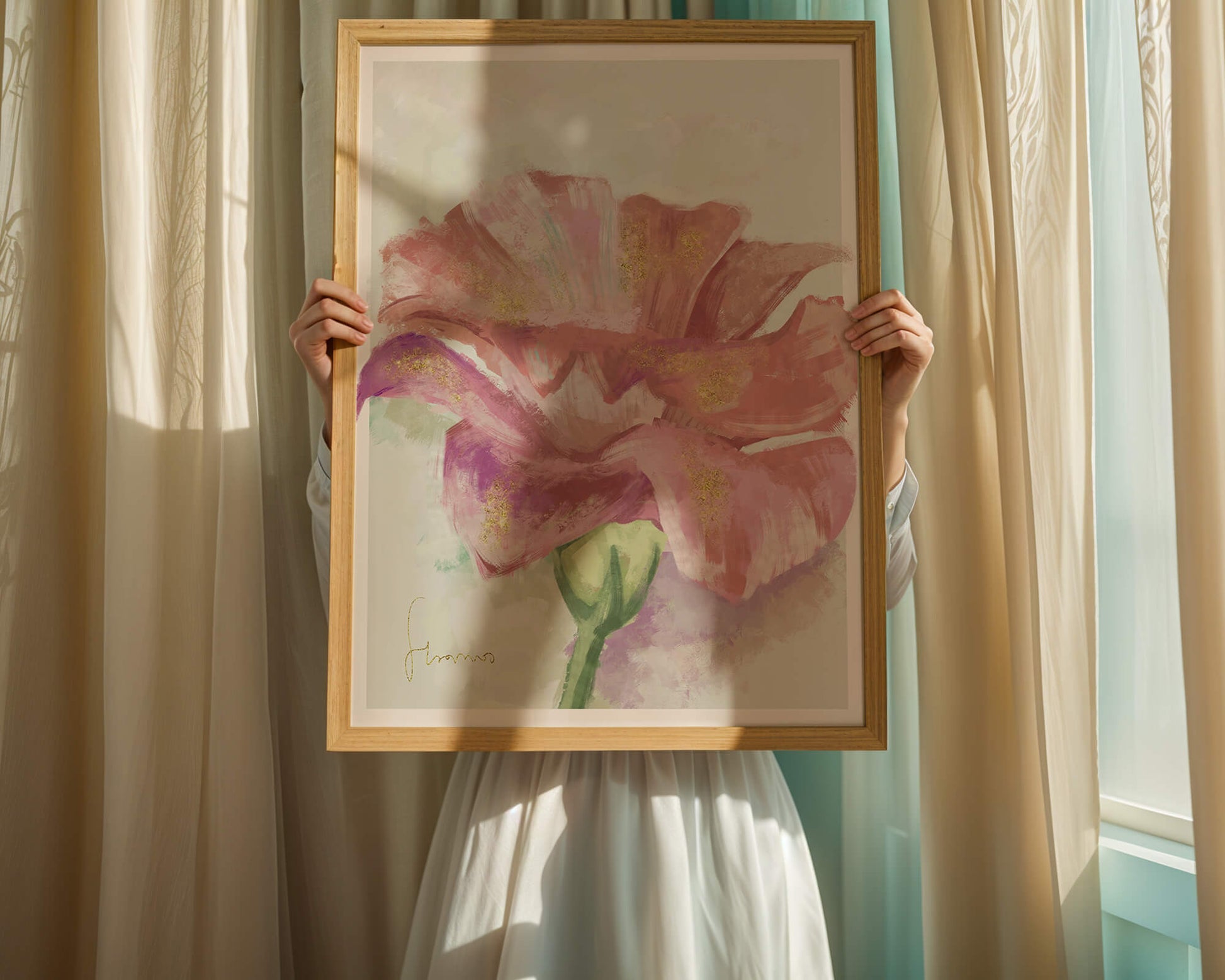Beautiful pink flower painting with golden accents