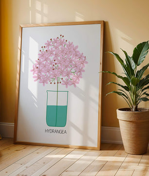 Illustration von Hortensienblüten in einer Vase mit eleganter Linienkunst