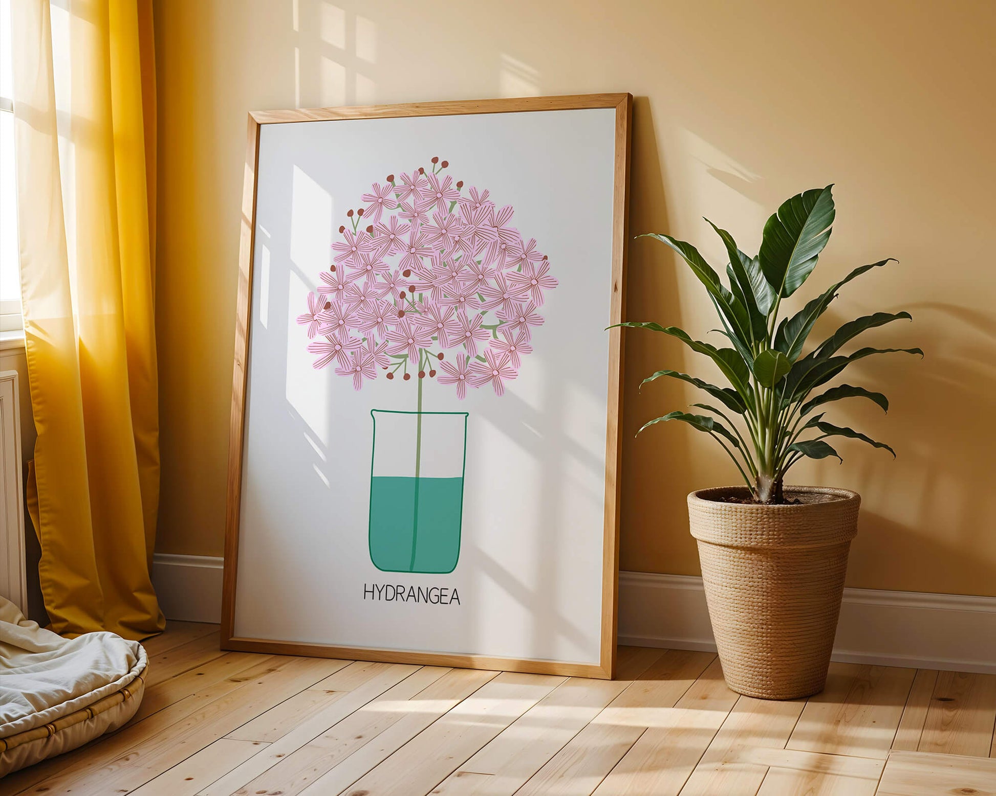Illustration von Hortensienblüten in einer Vase mit eleganter Linienkunst