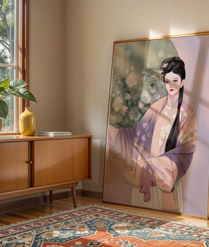 Elegant Asian Woman in Traditional Attire with Floral Background - Mi tienda