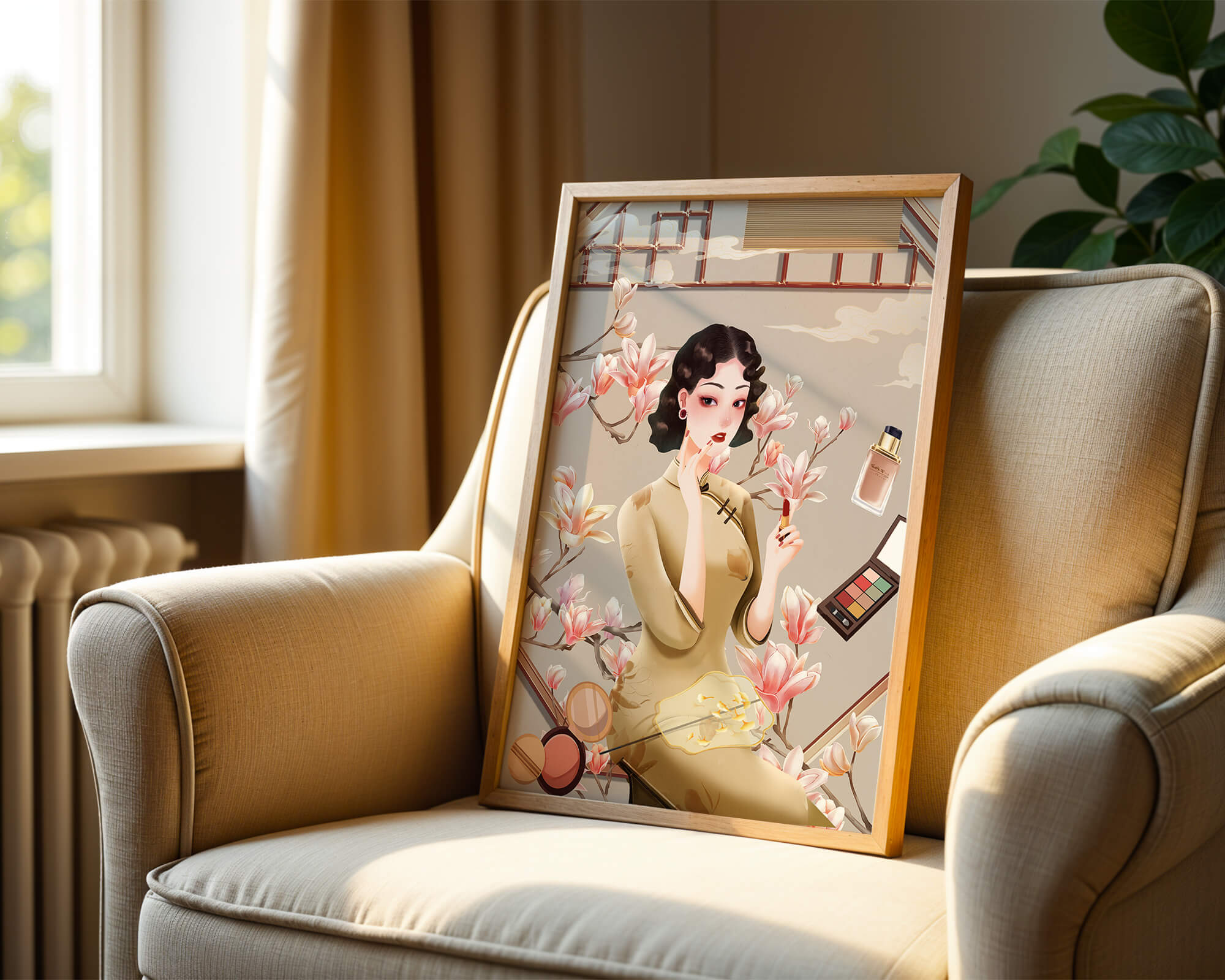 Elegant illustration of a woman with makeup and magnolia flowers
