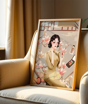 Elegant illustration of a woman with makeup and magnolia flowers