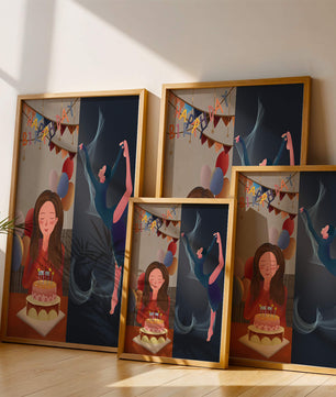 Geburtstagsfeier-Illustration mit Kuchen und Tanzfigur