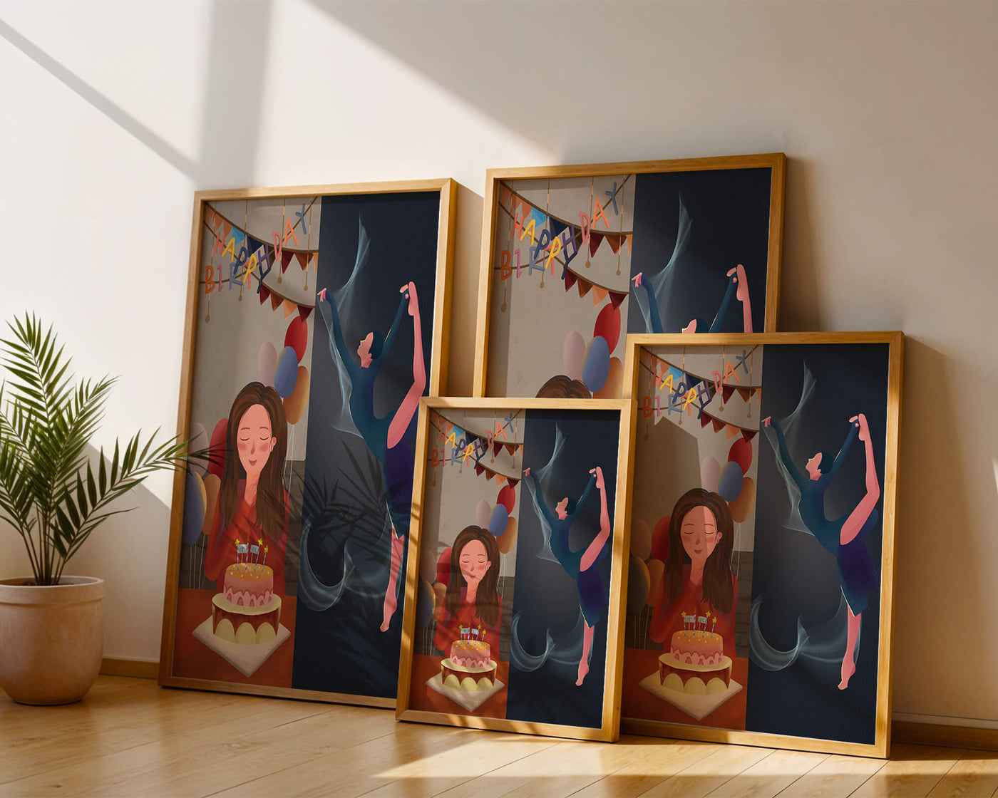 Birthday celebration illustration with cake and dancing figure