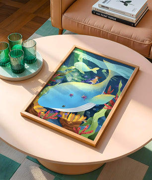 Fantasievolle Unterwasserszene mit einem Mädchen auf einem Wal und farbenfrohem Meeresleben