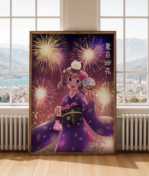 Girl in Yukata Celebrating Fireworks Festival with Cat and Fan