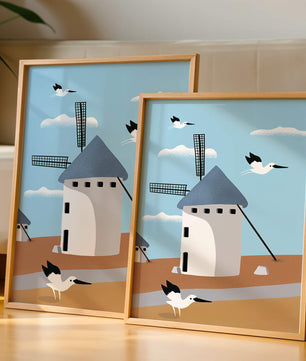 Windmill Landscape with Birds in a Minimalist Style