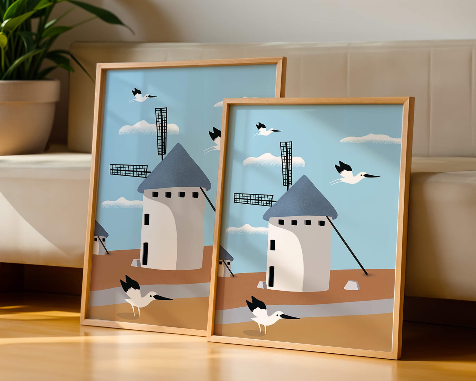 Paisaje de molino de viento con pájaros en estilo minimalista