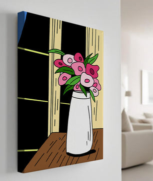 Abstract illustration of flowers in a vase on a wooden table