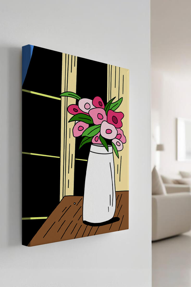 Abstract illustration of flowers in a vase on a wooden table