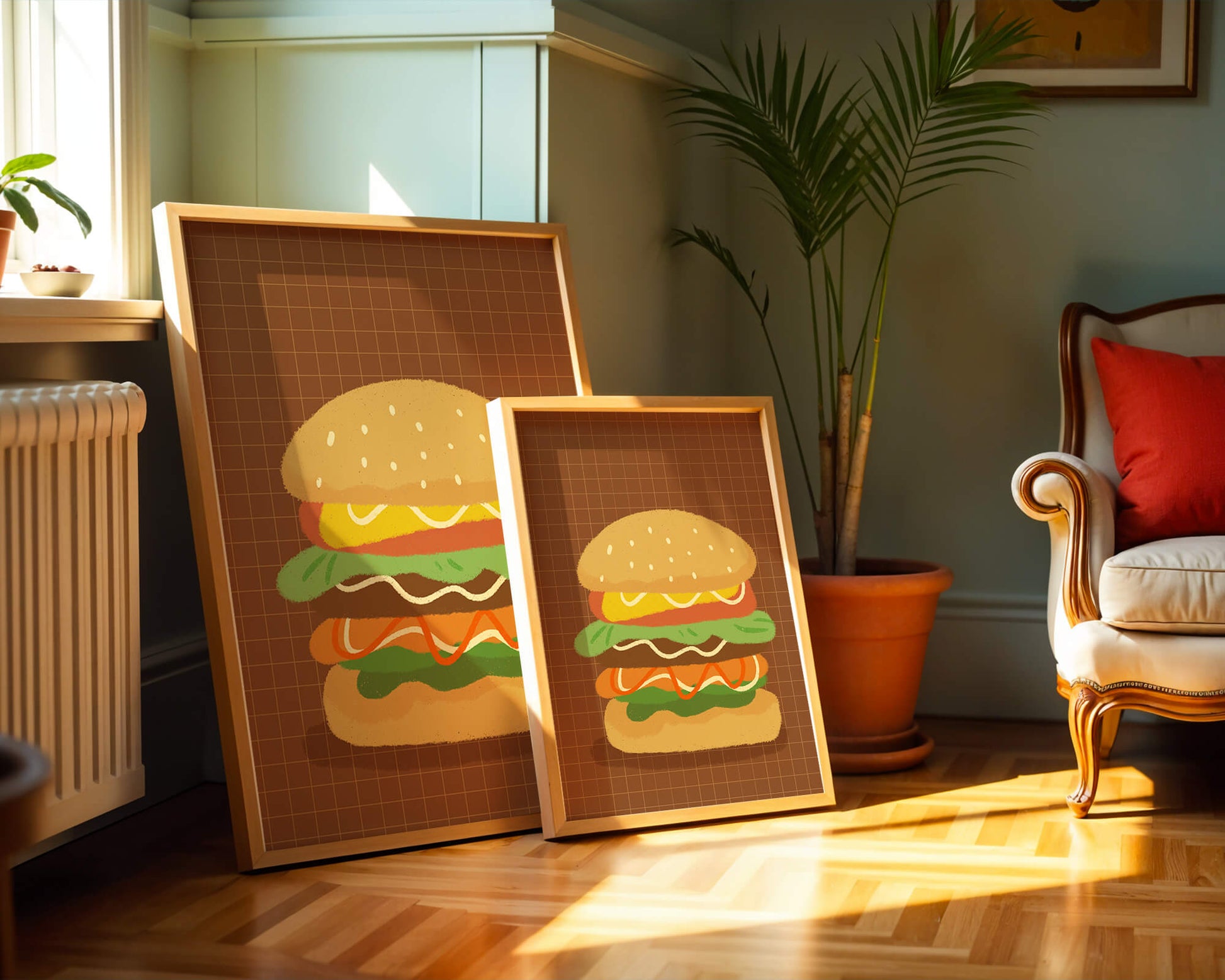 Illustrated cheeseburger with colorful layers on a grid background