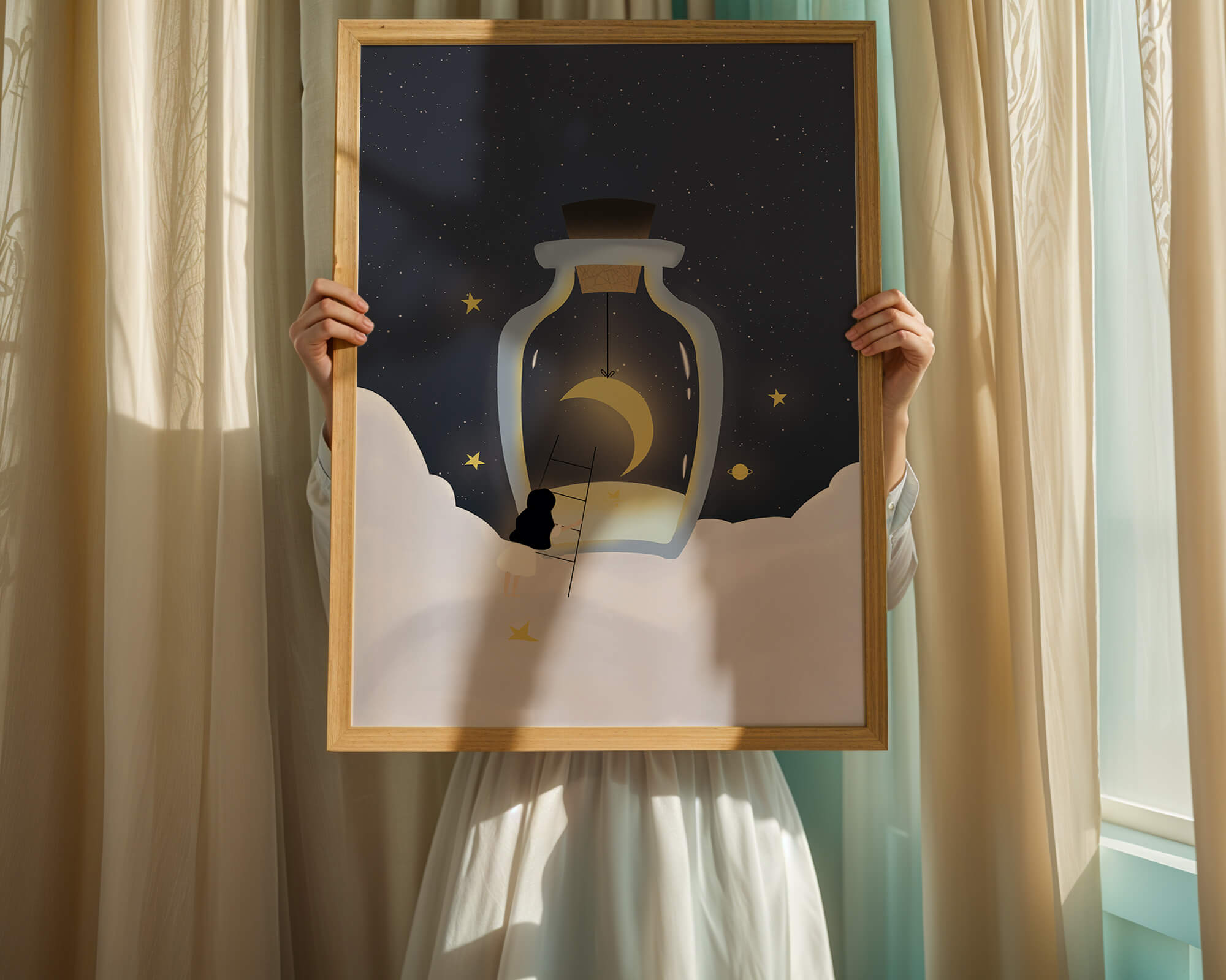 Fantasy Scene with Girl and Moon in a Bottle