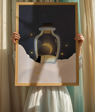 Fantasy Scene with Girl and Moon in a Bottle