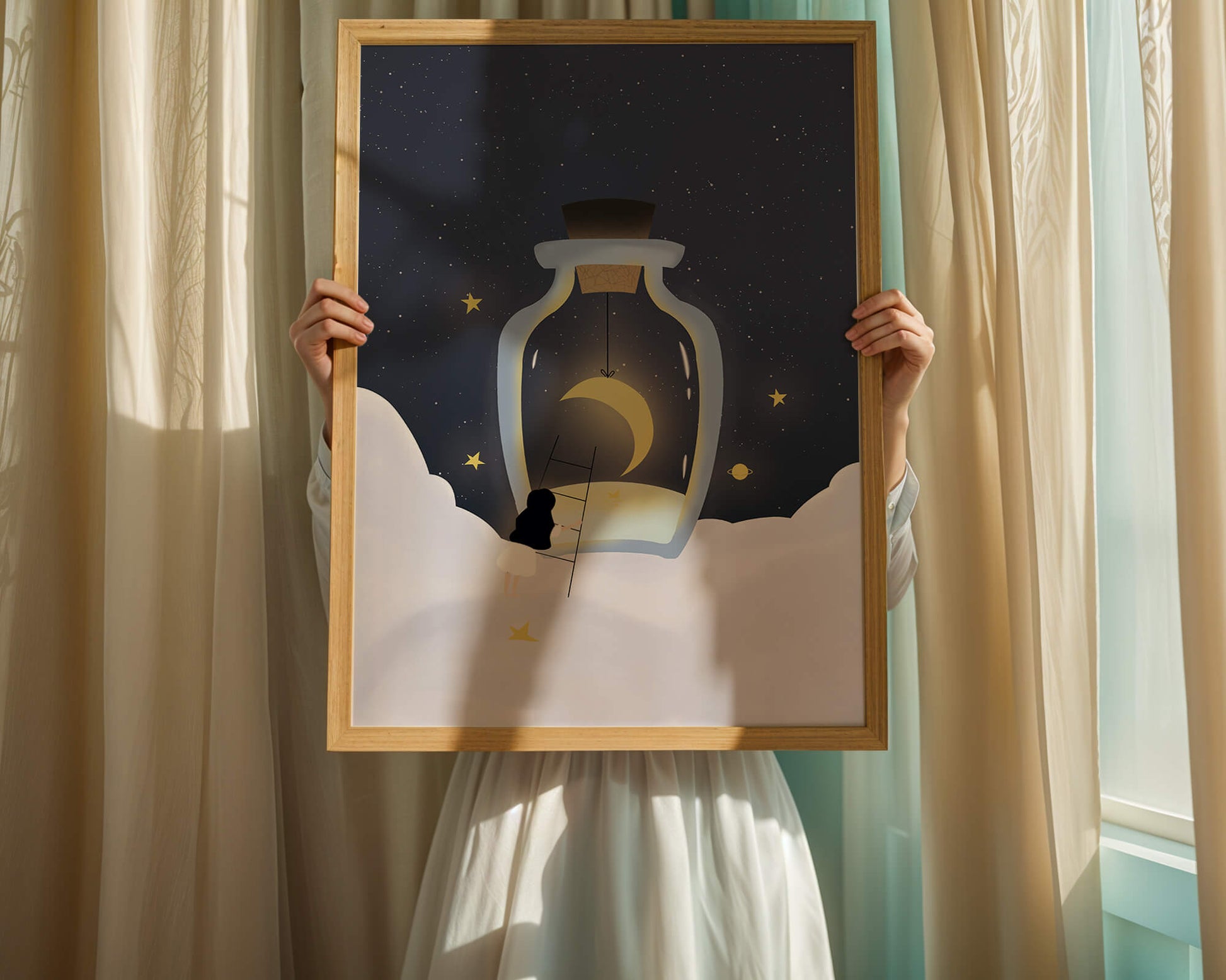 Fantasy Scene with Girl and Moon in a Bottle