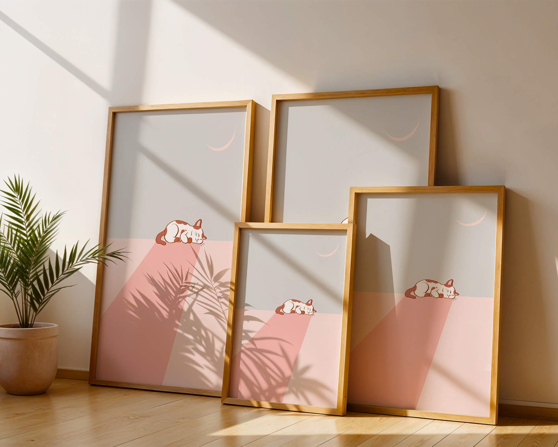 Sleeping Cat in Minimalistic Moonlit Scene