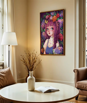 Illustration of a girl with floral crown surrounded by vibrant flowers