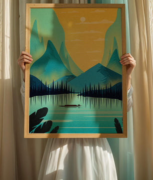 Serene lake landscape with mountains and sunset