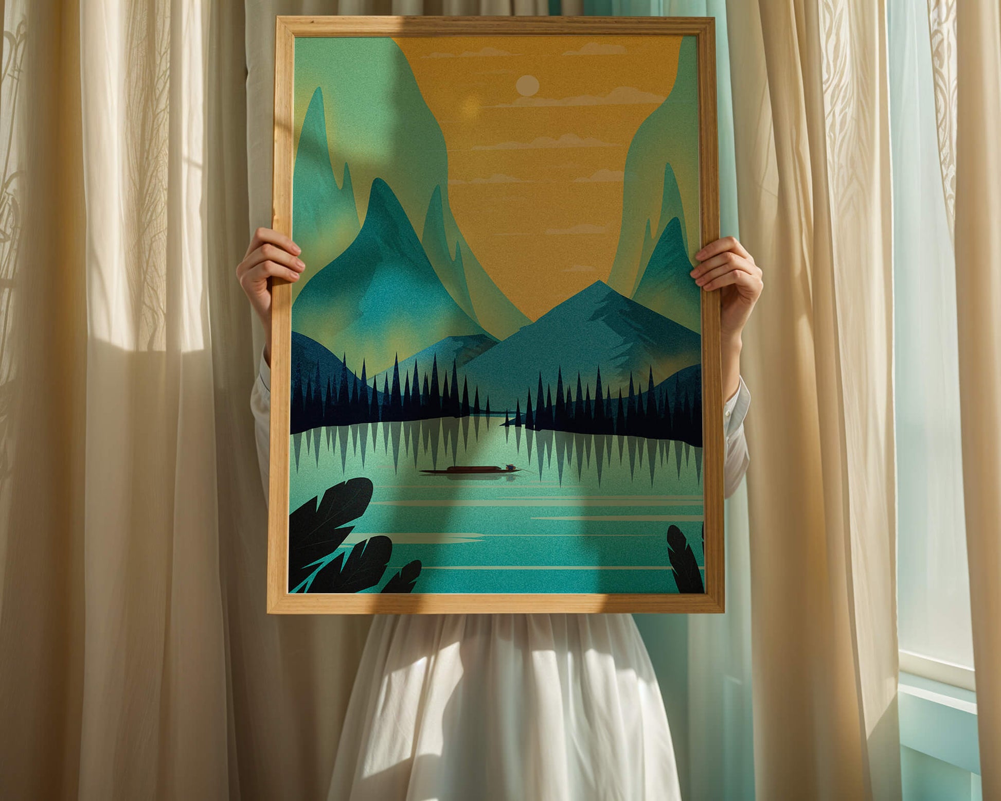 Serene lake landscape with mountains and sunset