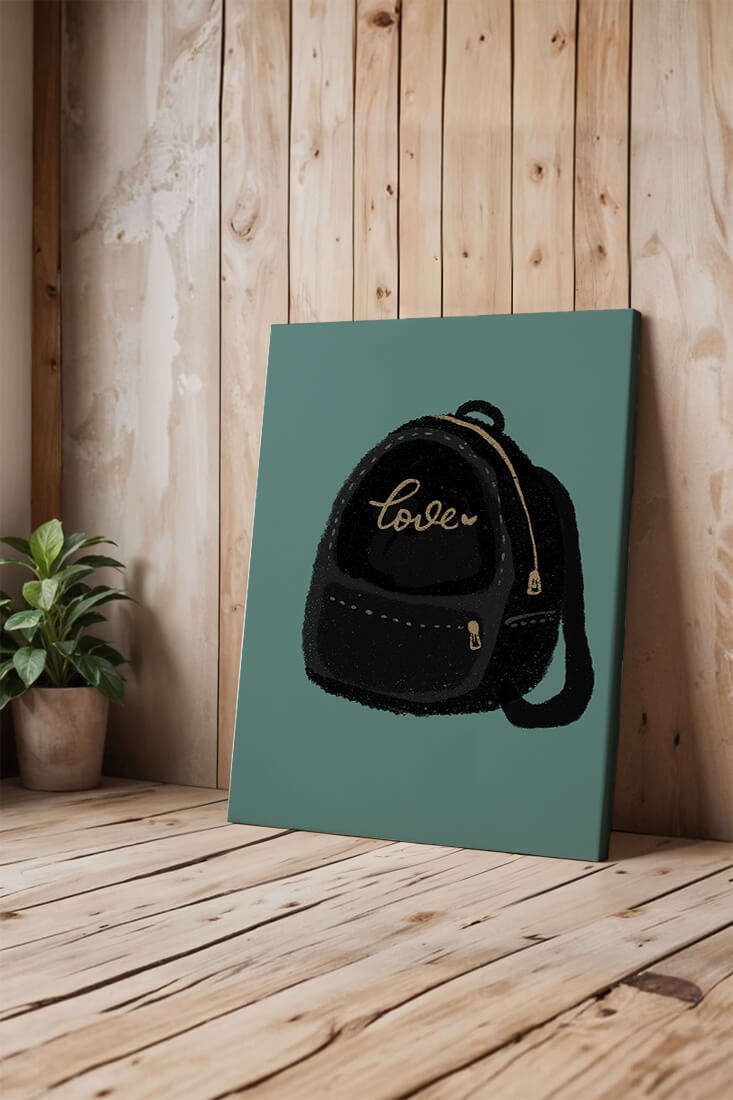 Elegant black backpack with gold accents and love inscription