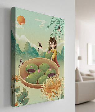 Charming Scene with Traditional Dress and Scenic Landscape Featuring Floral Elements and Birds
