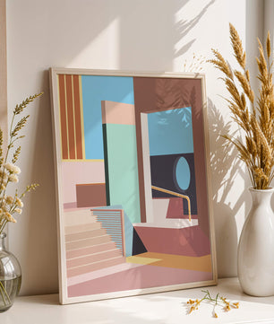 Diseño arquitectónico moderno con elementos geométricos pastel