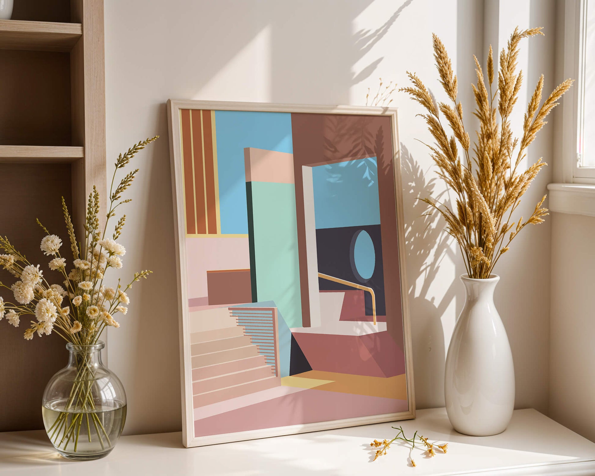 Diseño arquitectónico moderno con elementos geométricos pastel