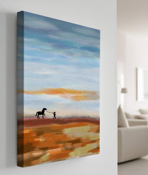 Serene landscape with cowboy and horse under vast sky