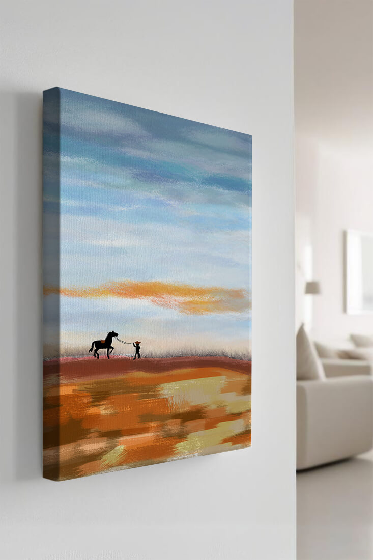 Serene landscape with cowboy and horse under vast sky