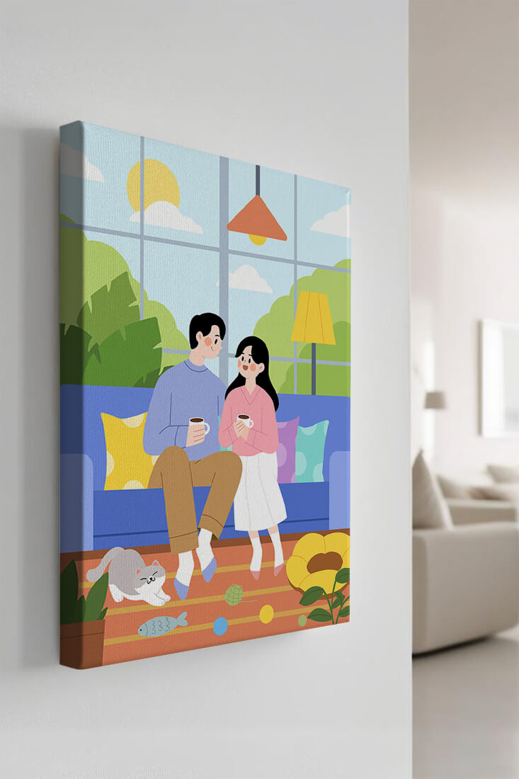 Cozy living room scene with couple and playful cat