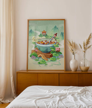 Illustration of a traditional Asian scene with large bowl and serene landscape