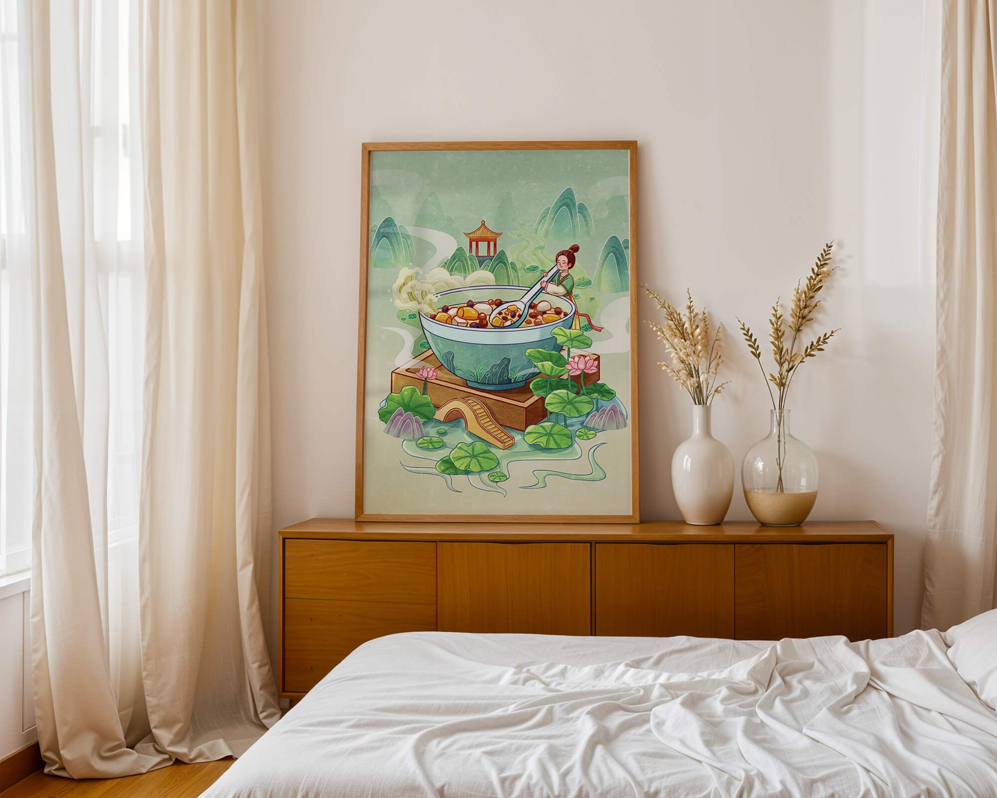 Illustration of a traditional Asian scene with large bowl and serene landscape