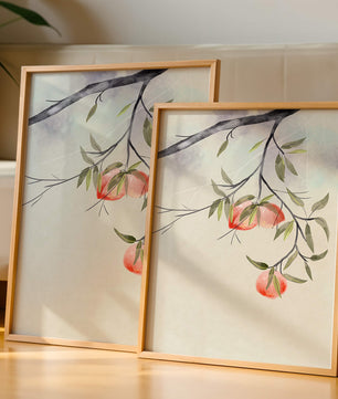 Peaceful Botanical Illustration of Branches with Leaves and Peaches - Mi tienda