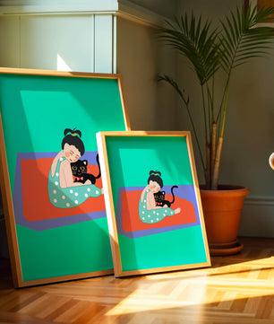 Gemütliche Illustration eines Mädchens, das eine Katze auf einer bunten Matte umarmt