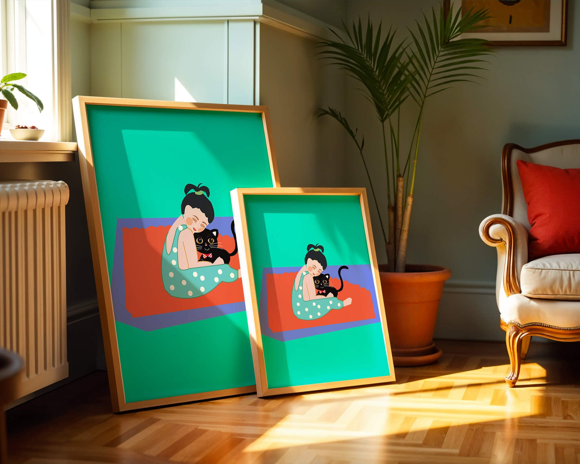 Gemütliche Illustration eines Mädchens, das eine Katze auf einer bunten Matte umarmt