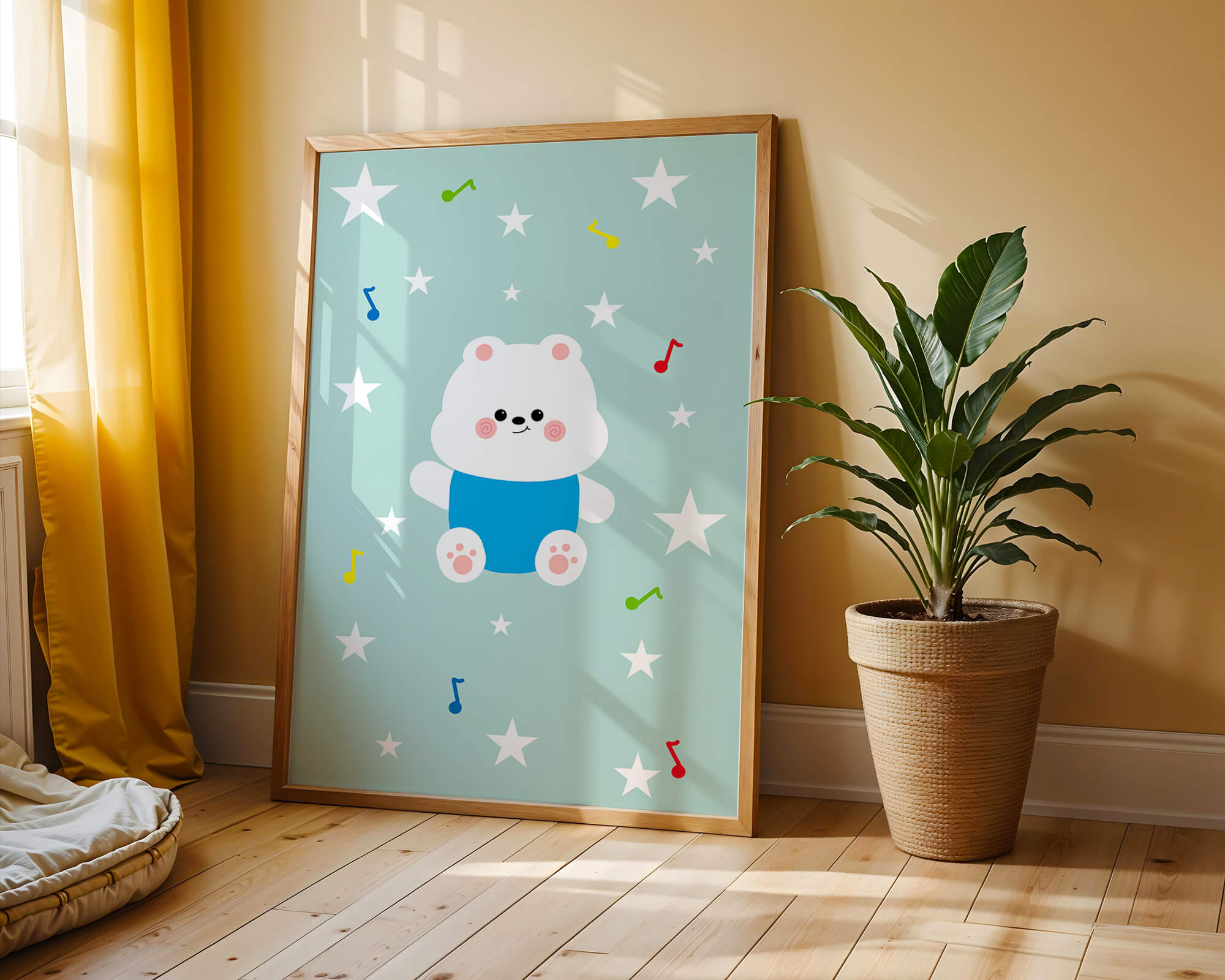 Playful bear illustration with musical notes and stars