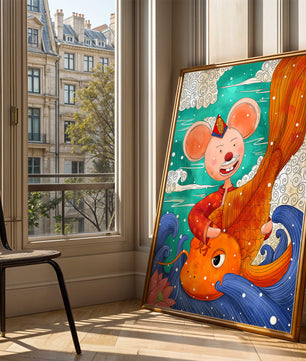 Whimsical illustration of a mouse riding a golden fish in a vibrant fantasy setting