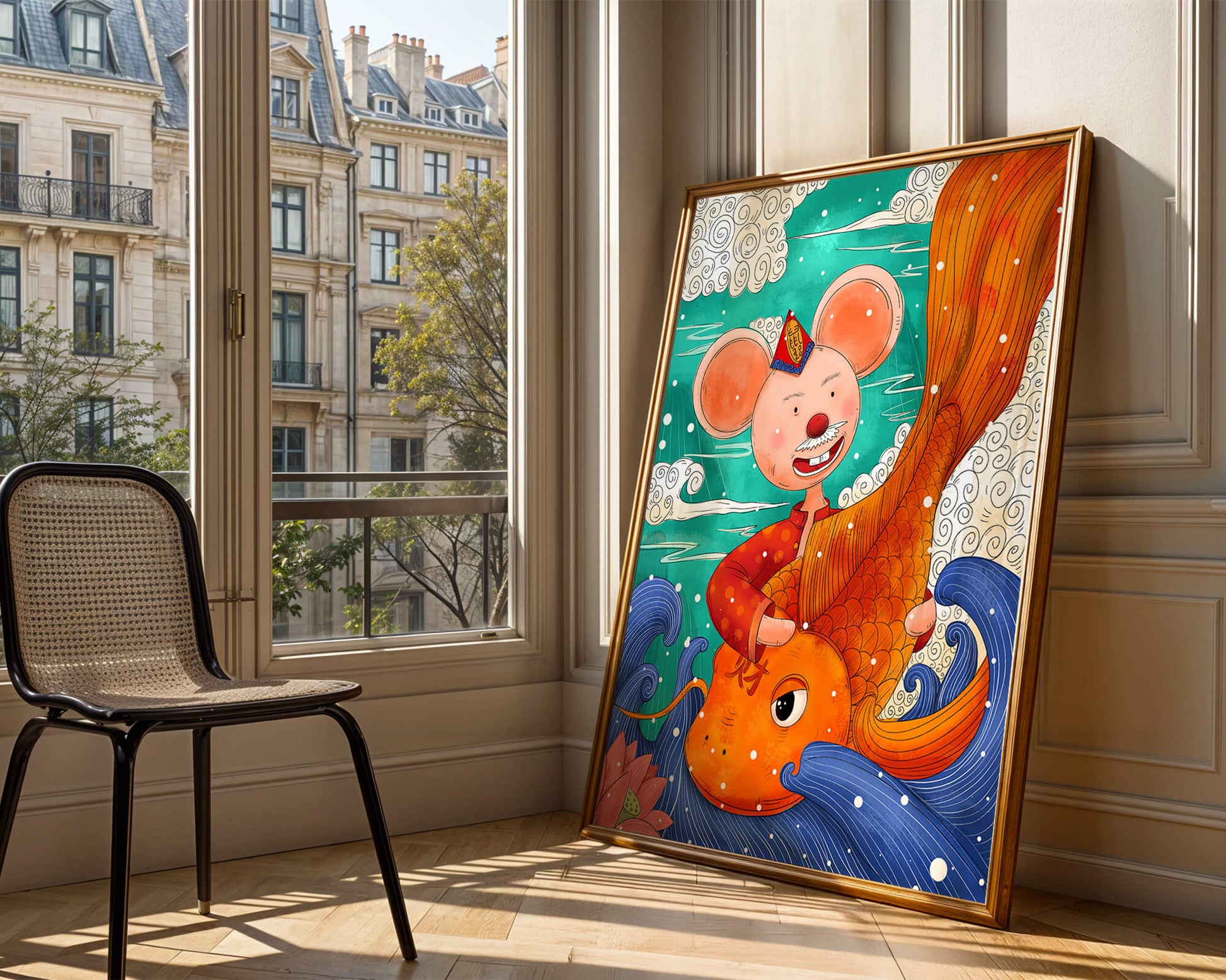 Whimsical illustration of a mouse riding a golden fish in a vibrant fantasy setting