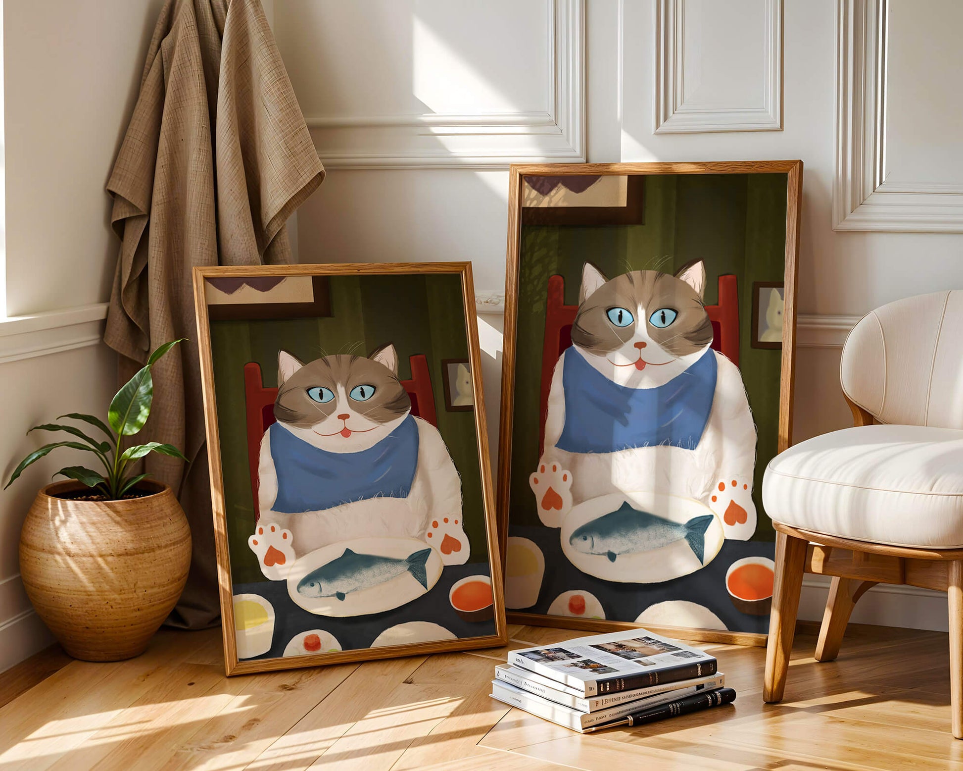 Ilustración de un gato comiendo con pescado y babero azul
