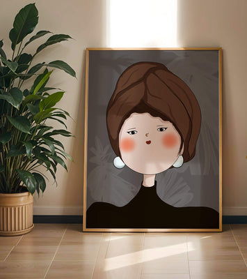 Elegant portrait of a woman with a unique headscarf and expressive features