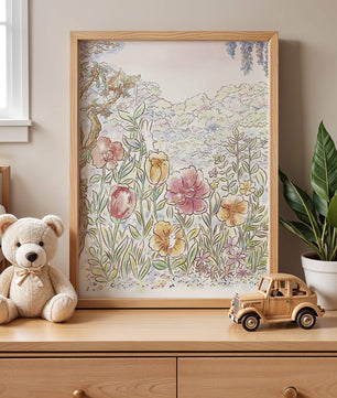Charming Garden with Bunnies and Blossoming Trees