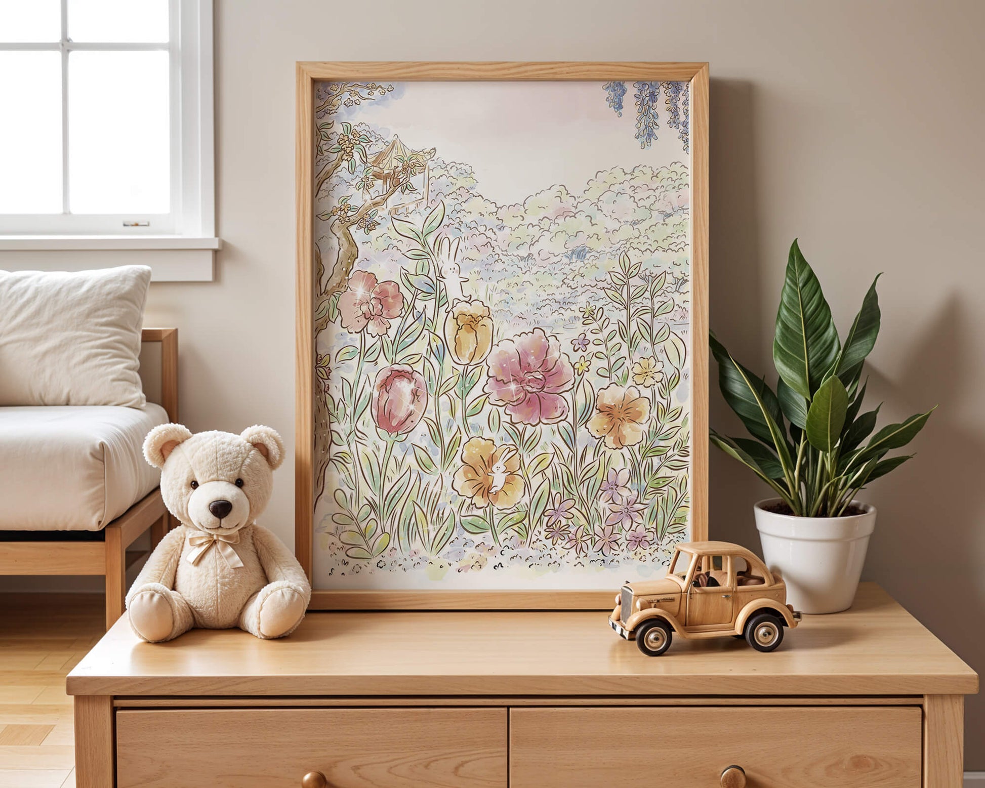 Charming Garden with Bunnies and Blossoming Trees
