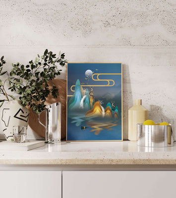 Abstract landscape with golden deer and layered mountains in serene night scene