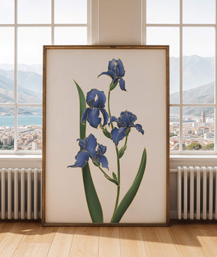 Flores de lirio azul elegantes con acentos dorados sobre un fondo blanco