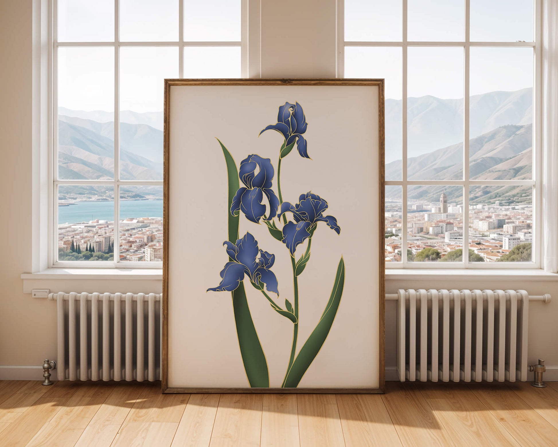 Flores de lirio azul elegantes con acentos dorados sobre un fondo blanco