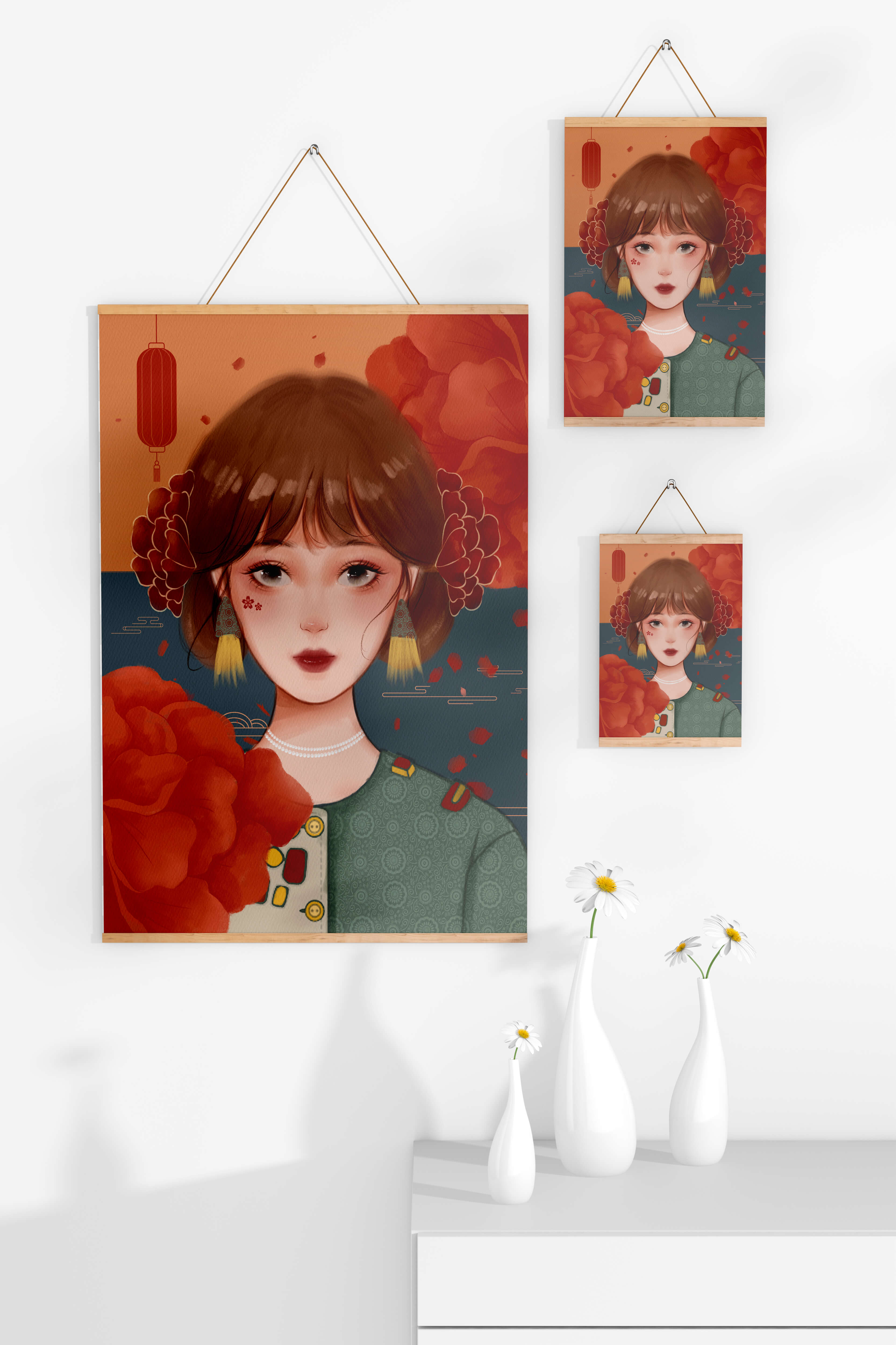 Illustration of a woman adorned with floral elements and traditional accessories