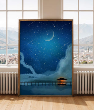 Serene Night Sky with Crescent Moon, Stars, and Pier Over Water
