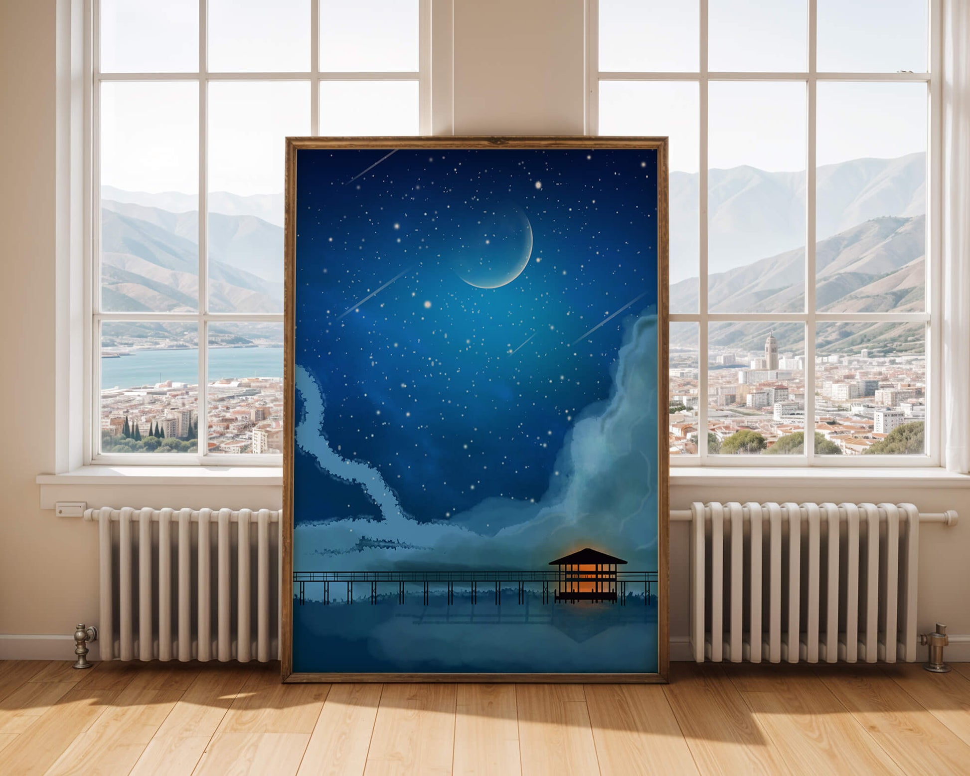 Serene Night Sky with Crescent Moon, Stars, and Pier Over Water