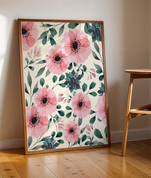 Patrón acuarela floral con flores rosas y hojas verdes