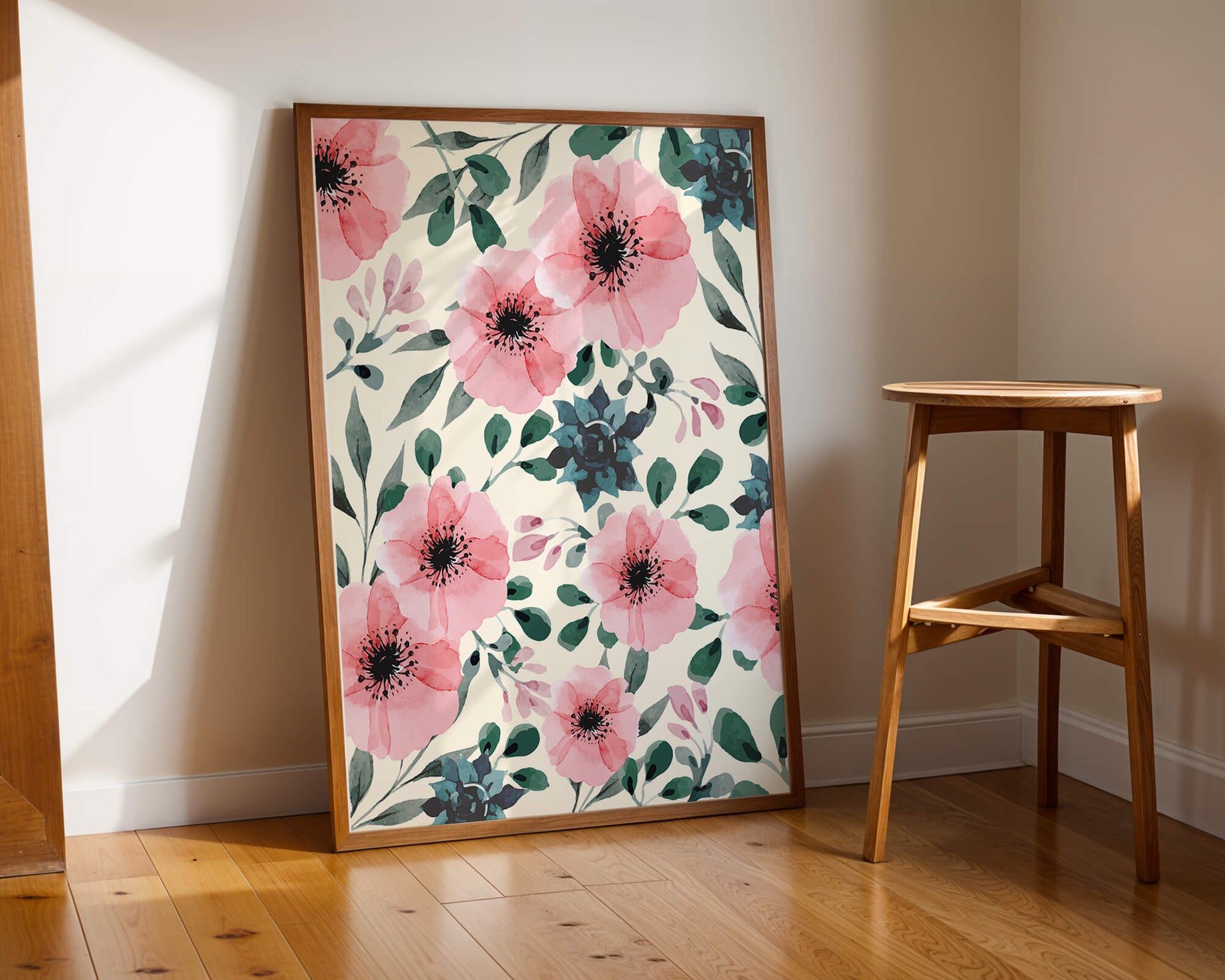 Floral Watercolor Pattern with Pink Flowers and Green Leaves