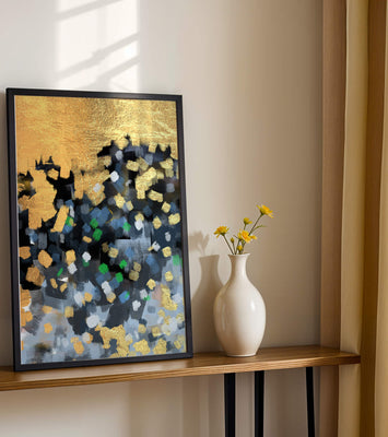Abstract art with gold and colorful brushstrokes
